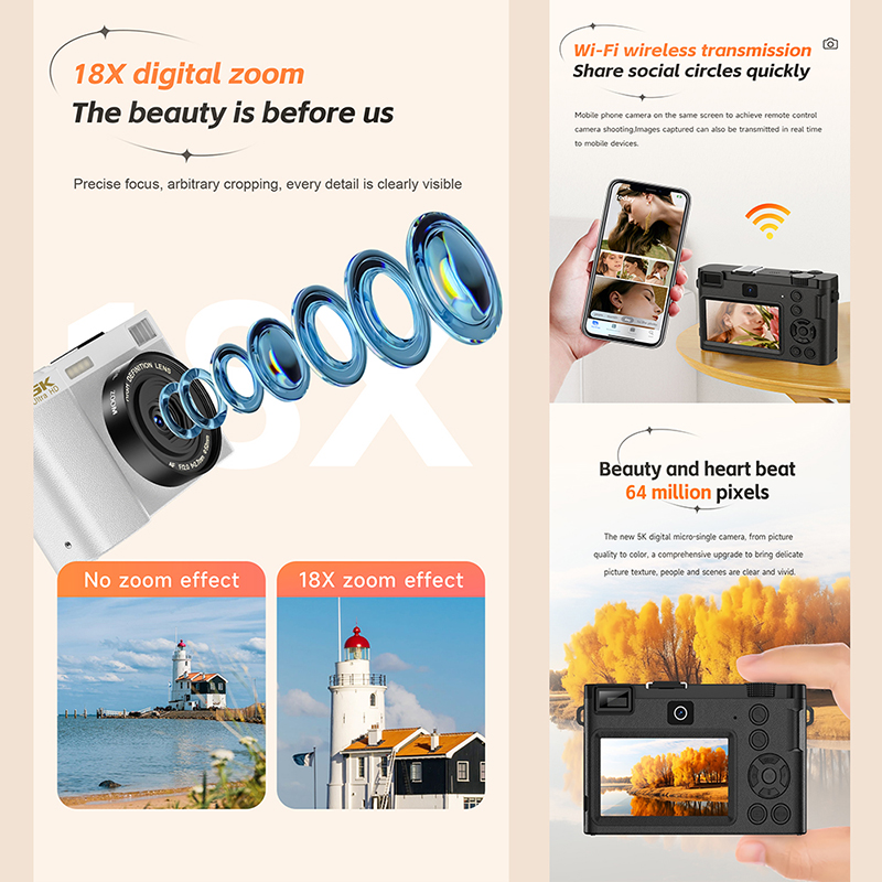 5K 64MP wifi Digital Camera Beginners Kids HD CCD Camera 18X Zoom Dual Lens 1080P Video Photography - Image 2