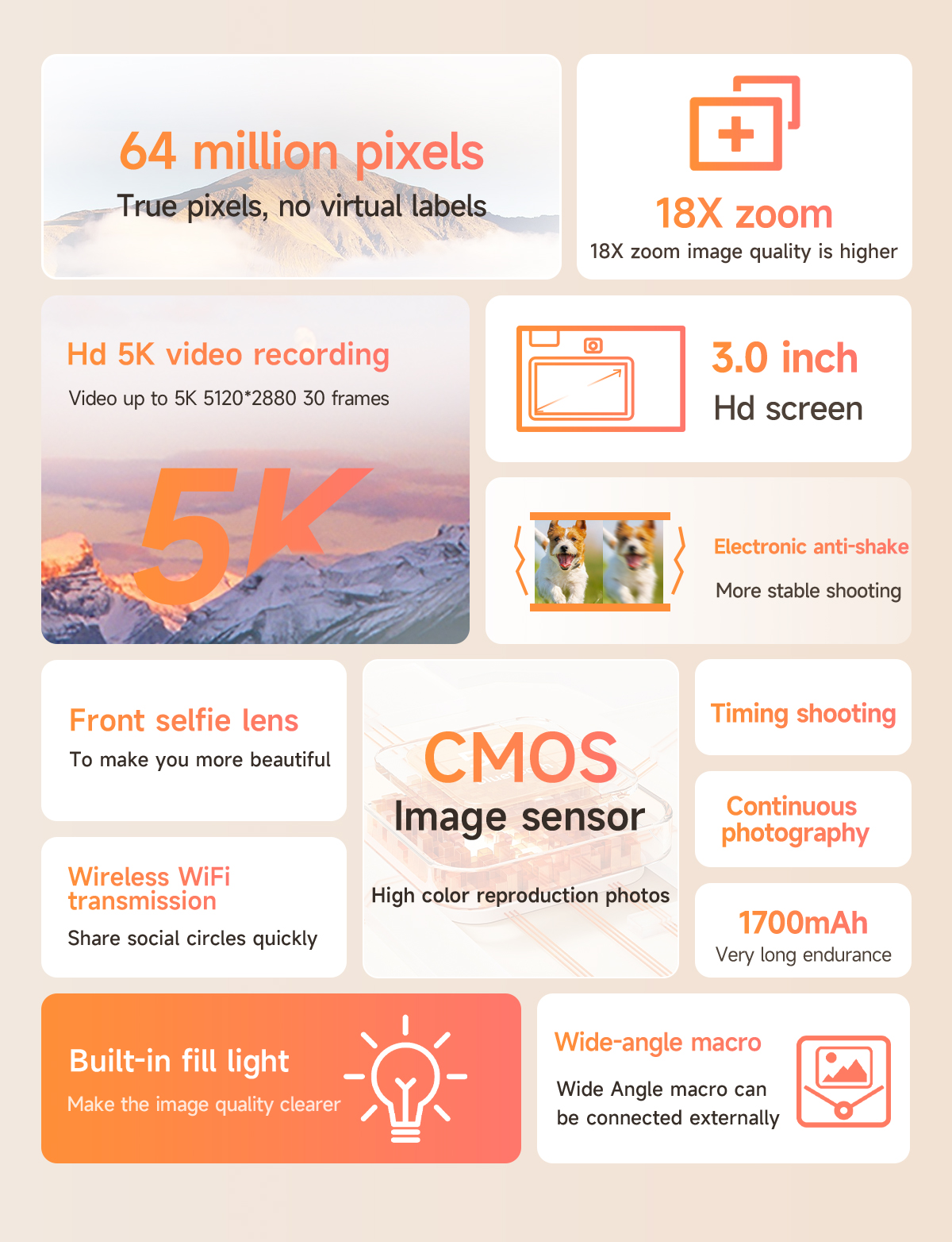 5K 64MP wifi Digital Camera Beginners Kids HD CCD Camera 18X Zoom Dual Lens 1080P Video Photography - Image 4